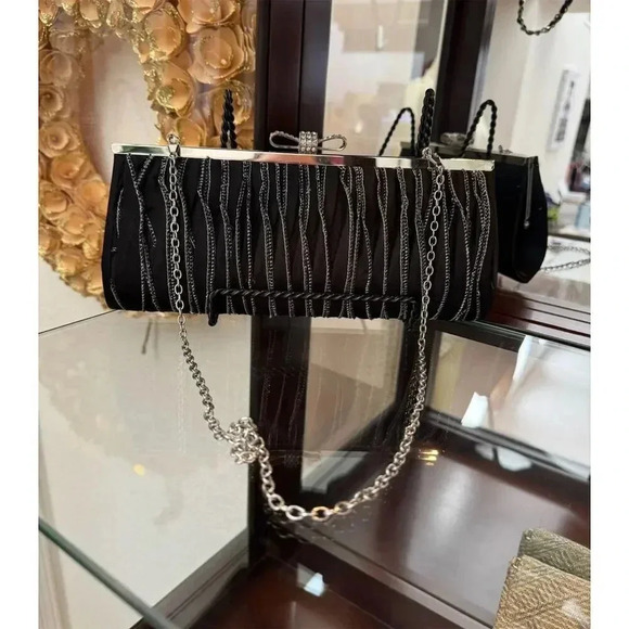 Lulu Townsend Black Satin Clutch with Rhinestone Bow & Detachable Strap - Picture 1 of 11